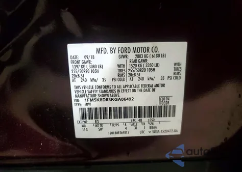 2019 Ford Explorer Xlt z USA, uszkodzony, nr VIN 1FM5K8D83KGA06492